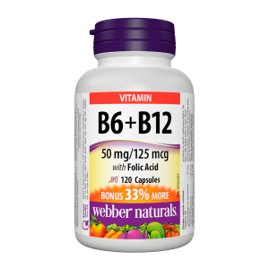 Webber Naturals Vitamin B6+B12 with Folic Acid 50mg/125mcg/0.4mg 90+30 Capsules
